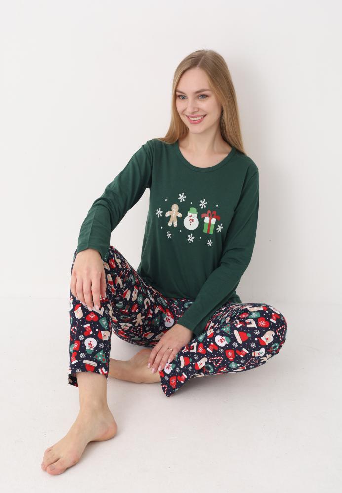 Pijama dama Craciun,maneca lunga si pantaloni lungi,imprimeu figurine festive, En-gros